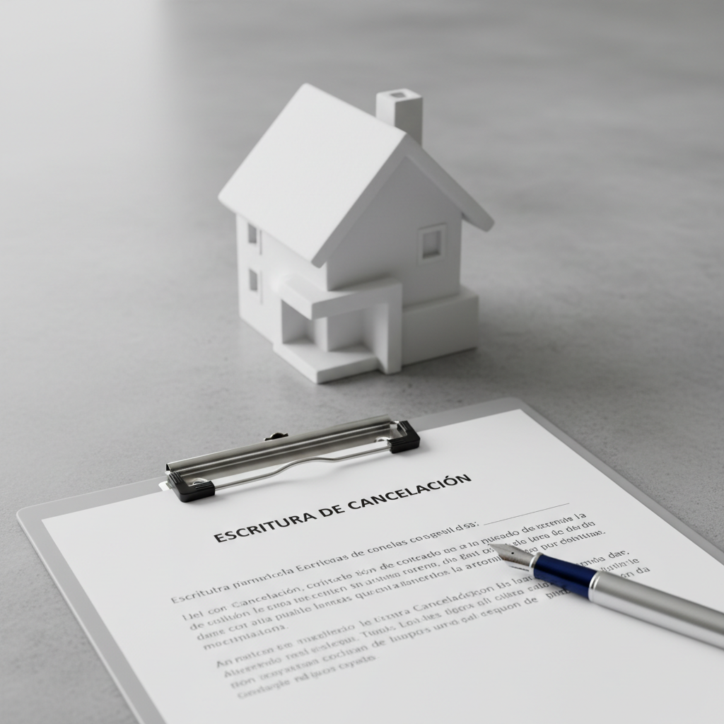 A close-up of a simple, modern white model house made of matte ceramic, positioned on a tidy grey desktop. In front of the house lies a crisp document titled “Escritura de Cancelación” clipped neatly on a slim silver clipboard, with a high-quality fountain pen placed diagonally across the bottom. Soft studio lighting illuminates the scene evenly, creating gentle shadows and clear, legible text while keeping the background in a smooth, neutral blur. Photographic realism, clean and modern aesthetic, centered composition with shallow depth of field, conveying clarity, order, and the ease of completing a mortgage cancellation process.